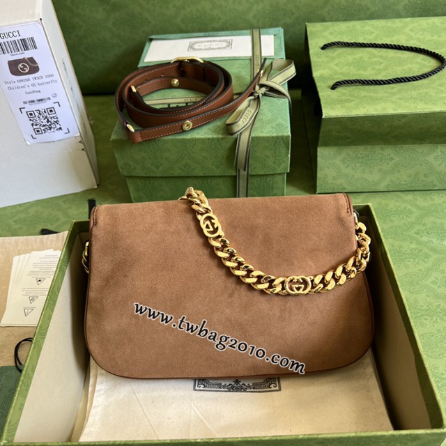 gucci專櫃2024新款原廠皮鏈條肩背包 古馳Blondie互扣棕色腋下包 jcp1875